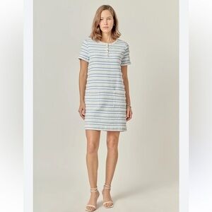 ENGLISH FACTORY Fringe Striped Polo Blue and White Mini Dress